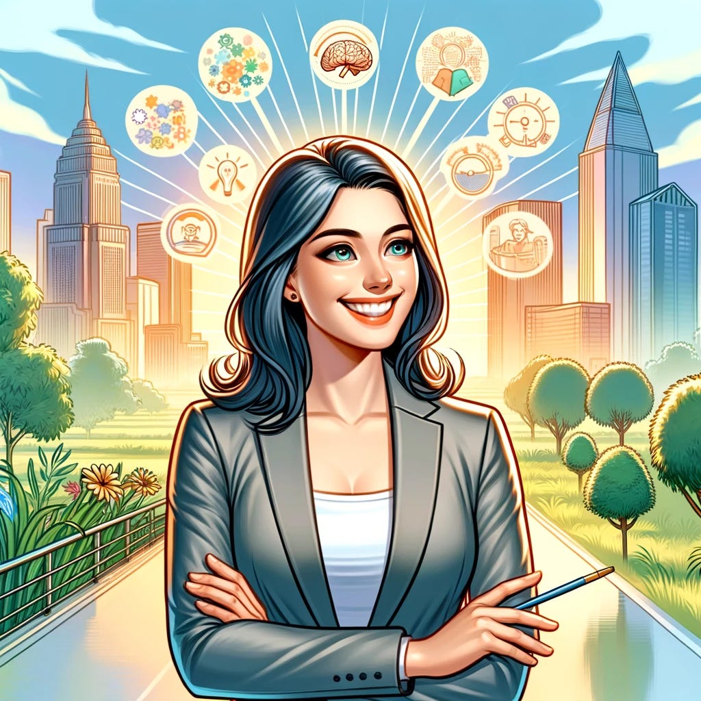 A semi-realistic illustration of a successful female entrepreneur who has harnessed her mental energy for great achievements, feeling joyful and seeing abundant opportunities. She is depicted in an outdoor setting, like a vibrant cityscape or a serene park, symbolizing a break from traditional office environments. Dressed smartly yet relaxed, she exhibits a radiant smile and eyes filled with confidence and happiness. The background features symbols of success and opportunity, such as a skyline of thriving businesses, flourishing nature, and pathways symbolizing growth and progress. The style is less cartoonish, more realistic, capturing her sense of accomplishment and optimistic outlook in a nuanced and detailed manner.