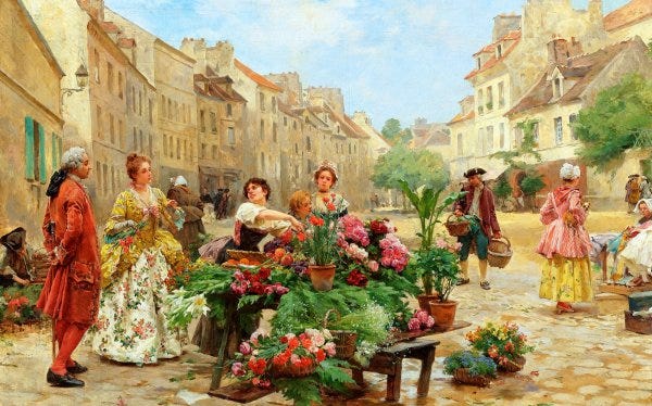 A Flower Market in the 18th Century, 1900 Painting by Louis Marie de ...