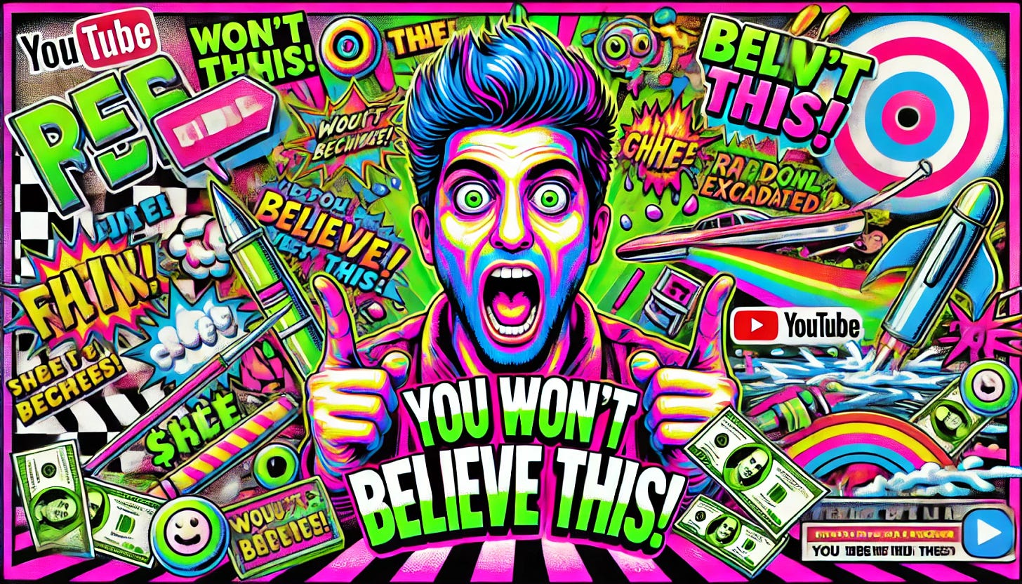 A stereotypically and exaggeratedly awful YouTube thumbnail in landscape format. It features an over-the-top influencer with a wildly exaggerated facial expression (wide eyes, mouth agape in shock or surprise). The background is cluttered with bright, clashing colors like neon green and hot pink, with absurdly oversized text saying 'YOU WON'T BELIEVE THIS!' in bold fonts. Random props like money, arrows, and explosion effects are scattered chaotically. The design is overly loud and garish, evoking cliched clickbait aesthetics.