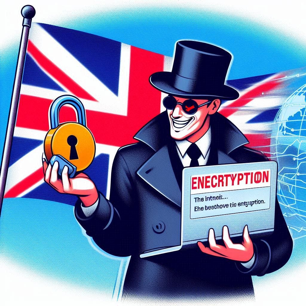 Please show a villain removing encryption from the internet. There should be a uk flag in the background.
