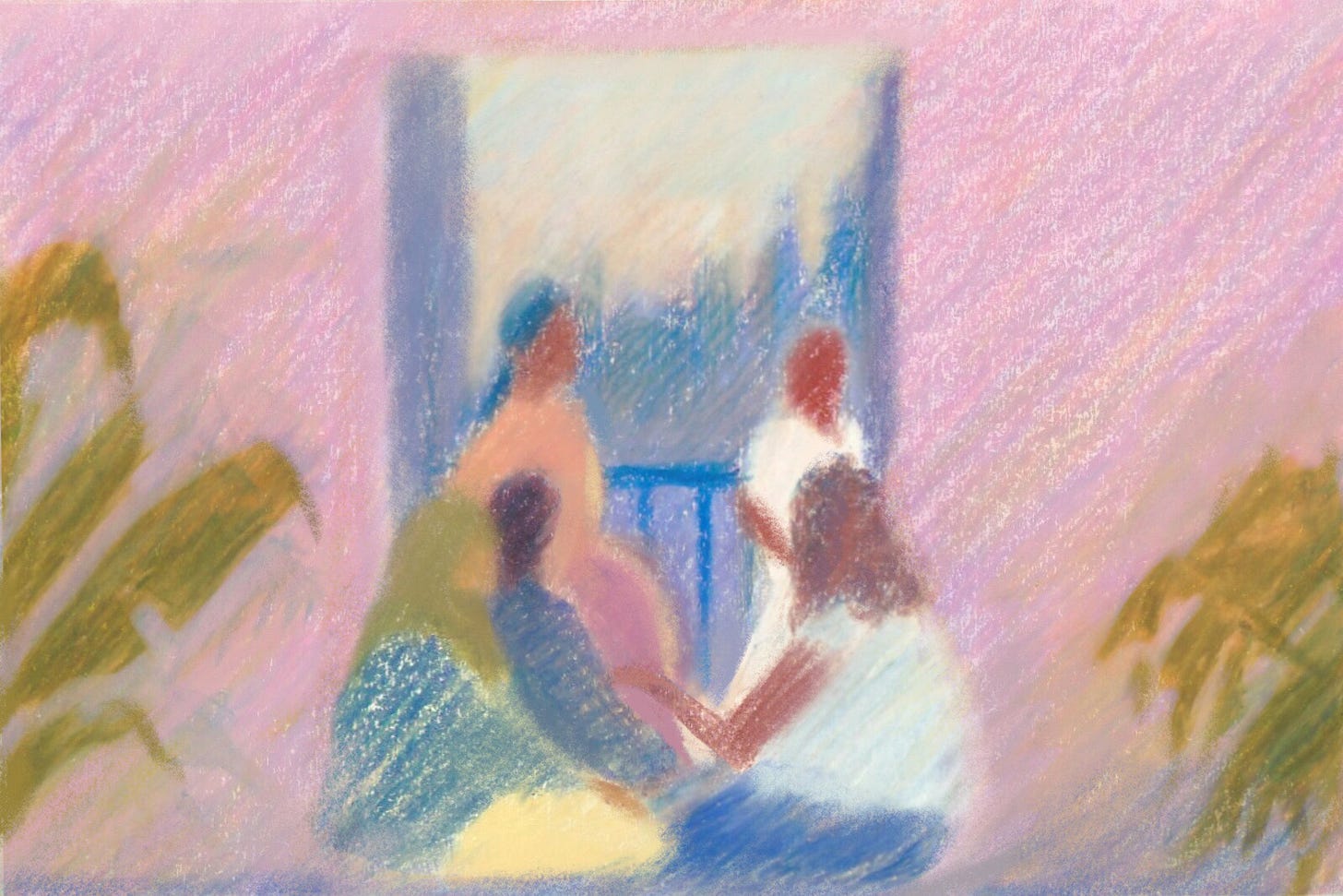 A blurred illustration of friends sitting in a circle holding hands and talking A blurred illustration of friends sitting in a circle holding hands and talking