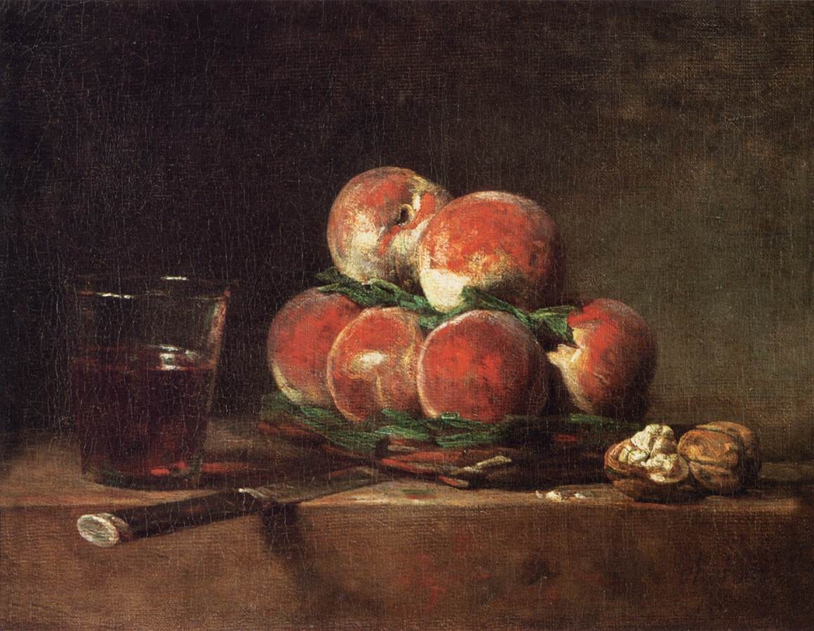 Basket of Peaches, with Walnuts, Knife and Glass of Wine (1768), oil on canvas, 32 x 39 cm., Louvre