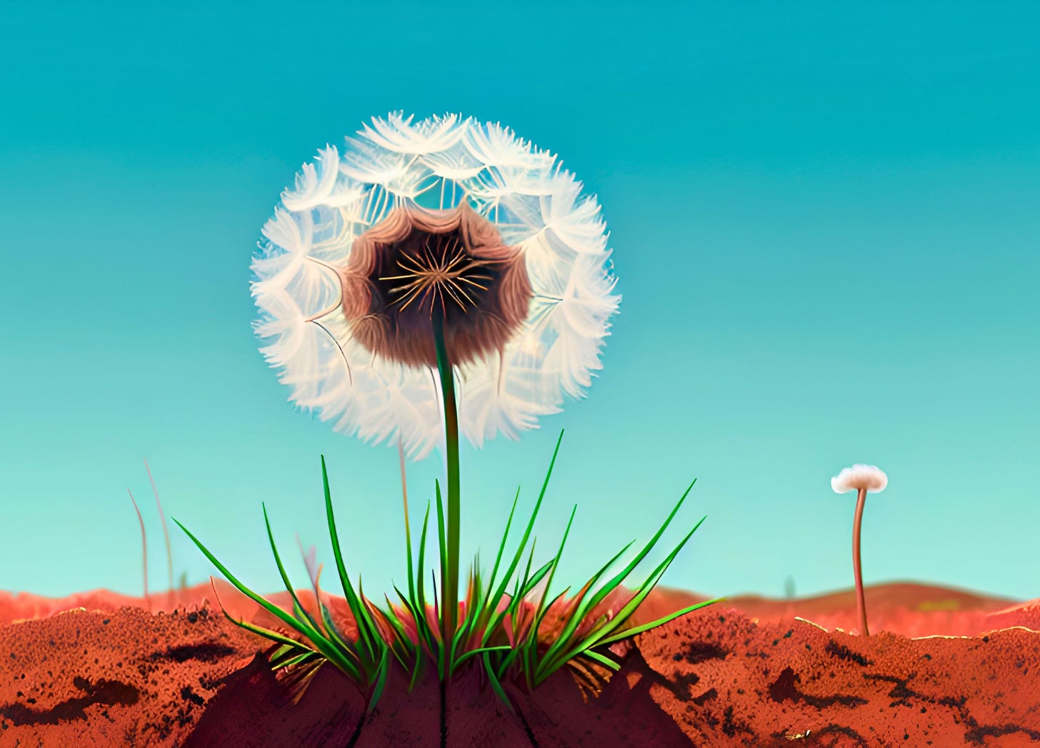 a white dandelion planted in red dirt in front of a blue sky background.