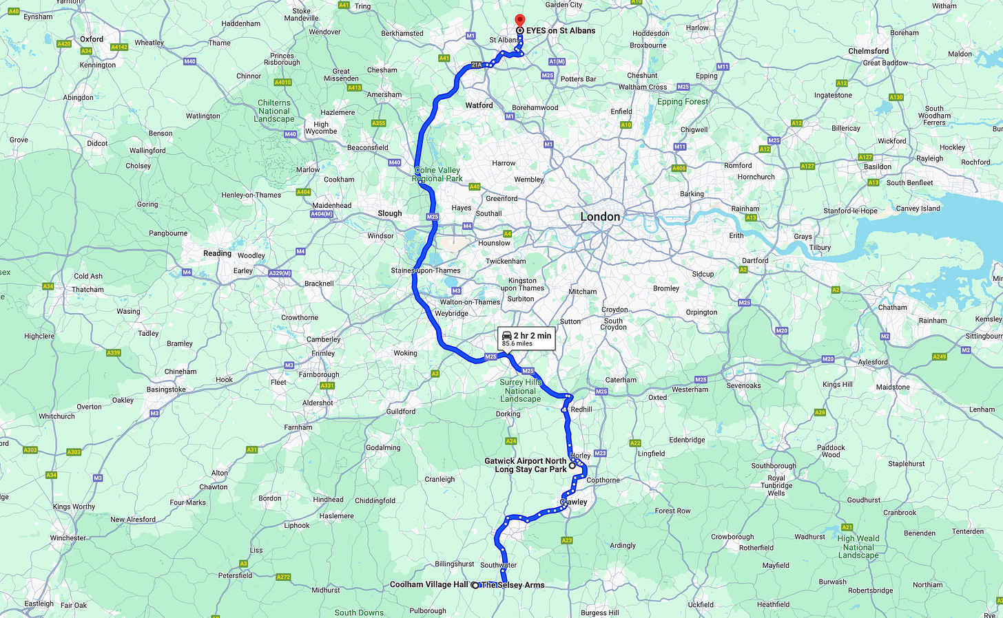 Map showing the route from Coolham to St Albans via Gatwick airport