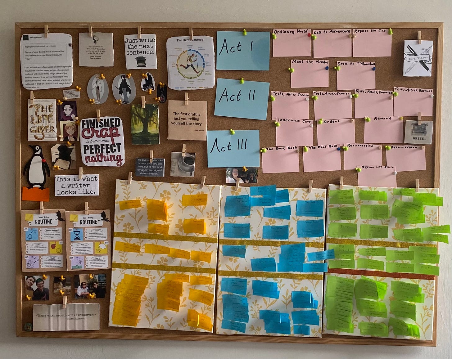 Jase's Pinboard: a cork board covered in colourful stickers, index cards, and writing quotes, including a sticker saying 'finished crap is better than perfect nothing'