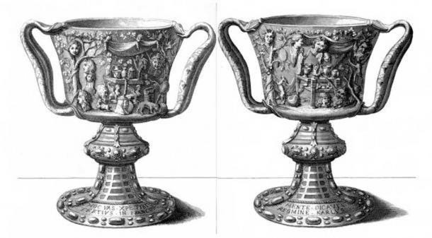 An engraving by Michel Félibien that was made in 1706, depicting the front and the back of the Cup of the Ptolemies, when it was already used as a Christian chalice.