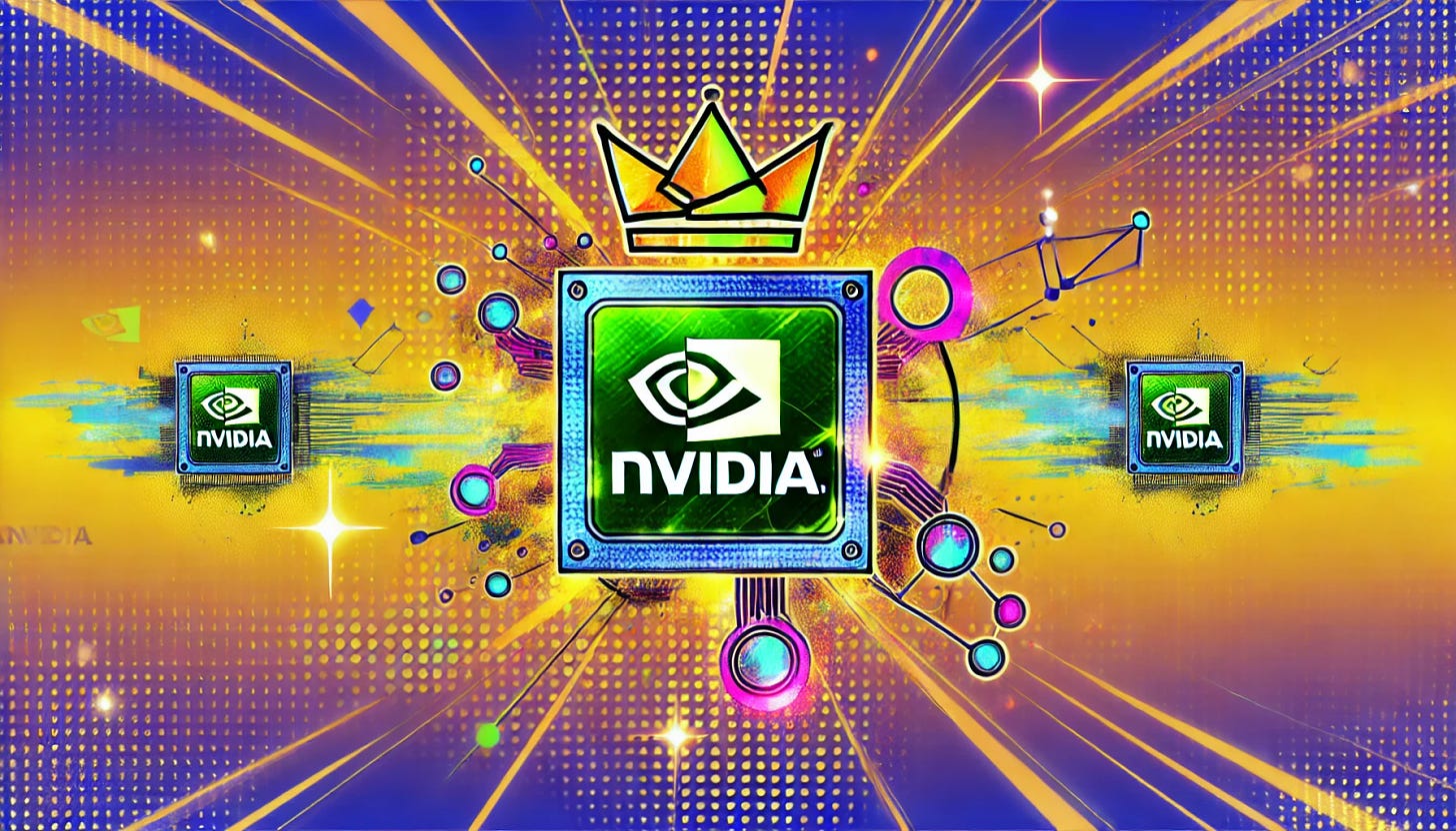 A vibrant pop-art style illustration representing NVIDIA consolidating its reign in artificial intelligence. The image should feature the NVIDIA logo prominently at the center, with futuristic elements such as AI chips, data flows, and digital connections radiating outward. The background can show a crown symbolizing dominance, with a high-tech, glowing feel, reflecting NVIDIA's leading role in AI. The overall aesthetic should be bold and dynamic, in the 16:9 format, capturing the power and influence of the company in the AI space.