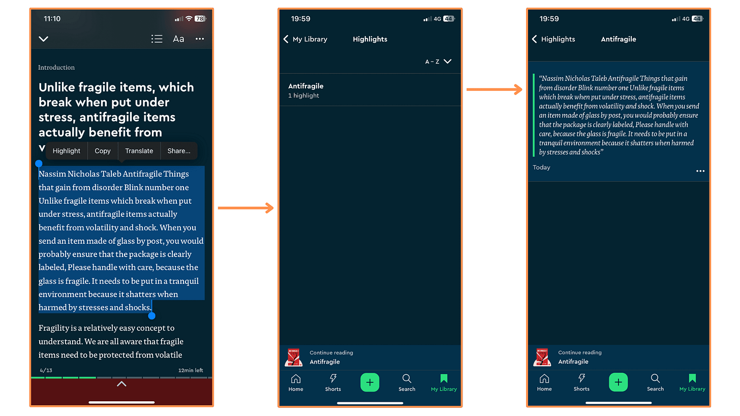 Highlights on Blinkist (mobile app + dark mode)