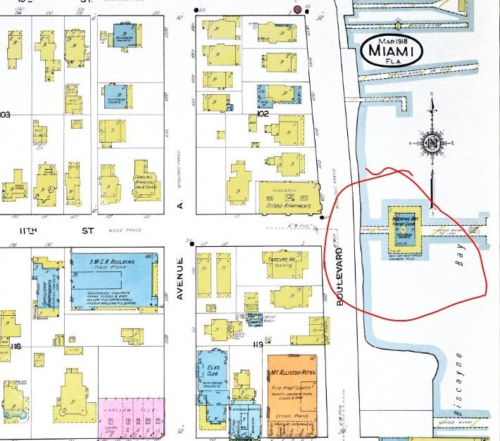 Sanborn map of downtown Miami showing where the Biscayne Bay Yacht Club was located.