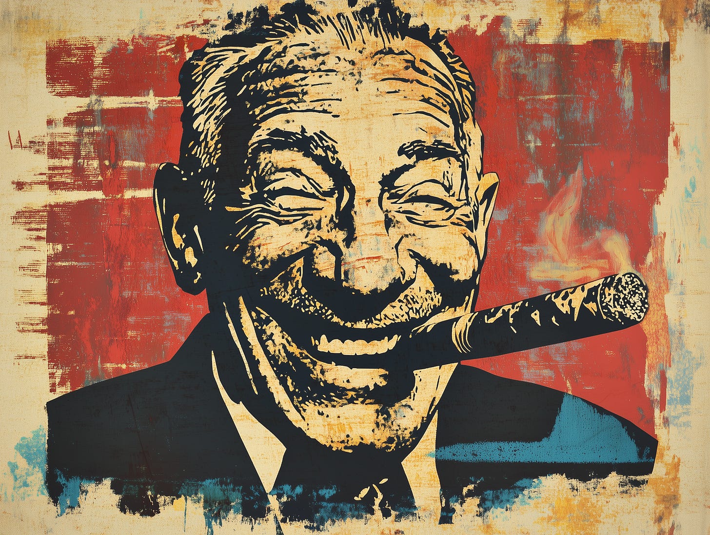 A man in a suit smiling and smoking a cigar