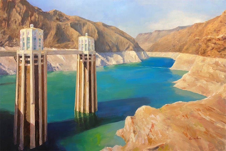 Oil painting of Lake Mead, depicting the tops of generator towers far above the surface of the lake and a 30 to 40-foot 'bathtub ring' indicating where the pre-drought waterline