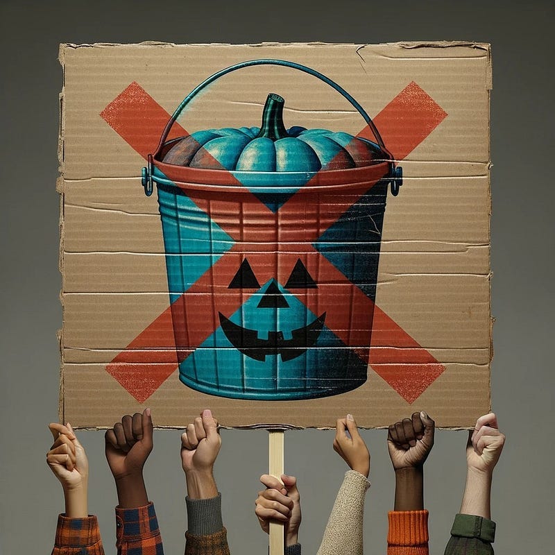 “Diverse Pumpkins,” Dall-E 3 prompt by author. A colorful, cardboard placard sign, held by many diverse hands, of a blue halloween pumpkin bucket with a big red X through it.