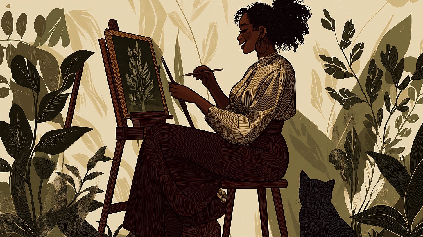  An illustration of an African  woman painting on a canvas, sitting in front of her easel with a black cat beside her, surrounded by plants and nature. She is wearing a long brown skirt and blouse, holding a paintbrush in her hand. The background has leaves and trees. It's a soft color palette with greens, browns, beiges, and warm tones. A calm atmosphere