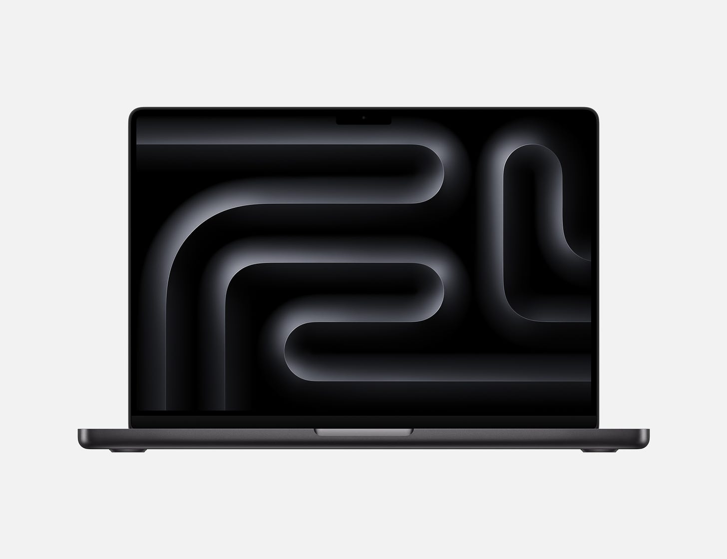 14-inch MacBook Pro, open, Liquid Retina XDR display, rounded corners, raised feet, Space Black colour