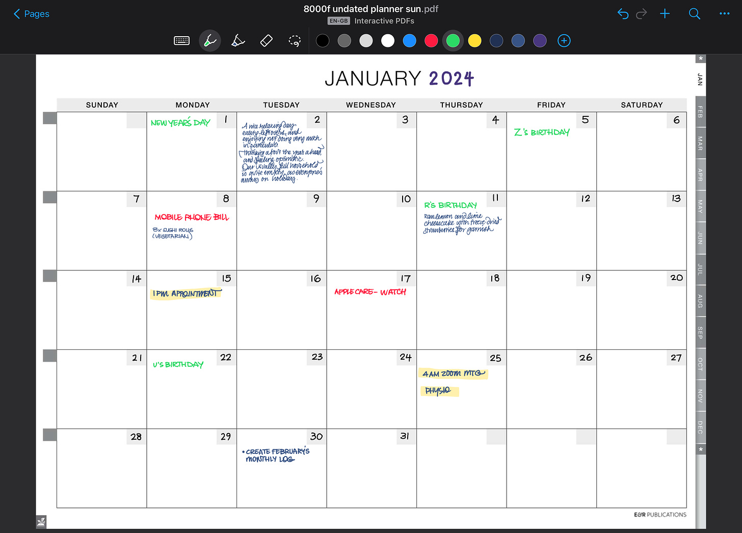 January calendar page on an iPad app, with handwritten events and notes written on some of the dates.