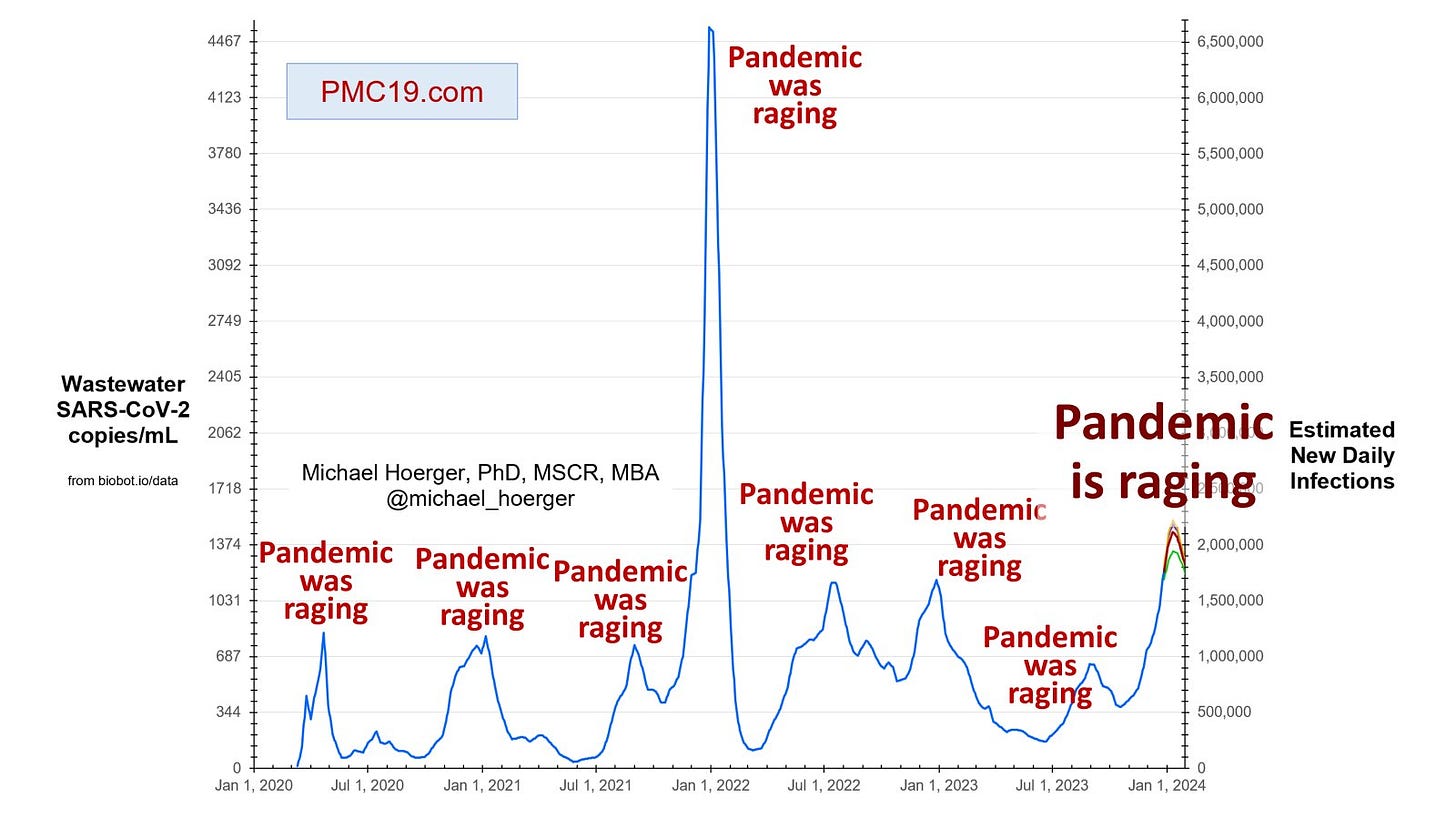 Line graph of the 8 U.S. COVID waves. First 7 peaks labeled "pandemic was raging." Current surge labeled "pandemic is raging."

Subtweet.