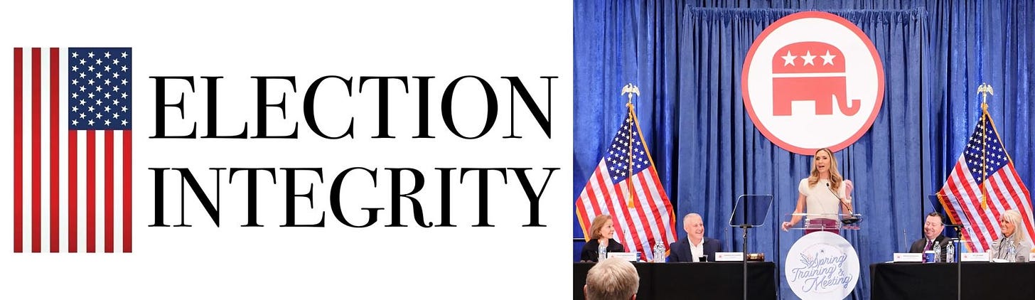 Lara Trump speaks to RNC members, including co-chair Michael Whatley, against a backdrop of the American flag and the words 'Election Integrity,' emphasizing the urgency of securing transparent electoral processes.