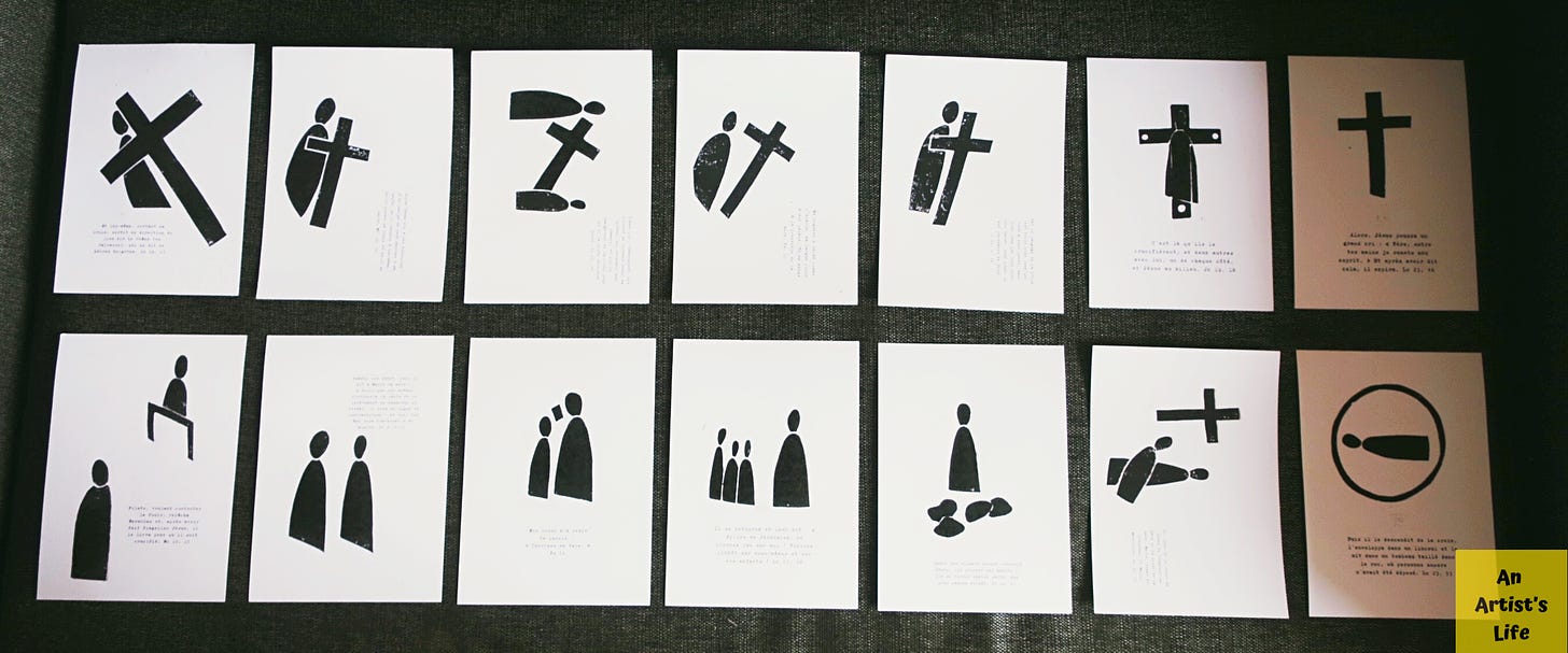 Fourteen linoprint of the stations of the Cross