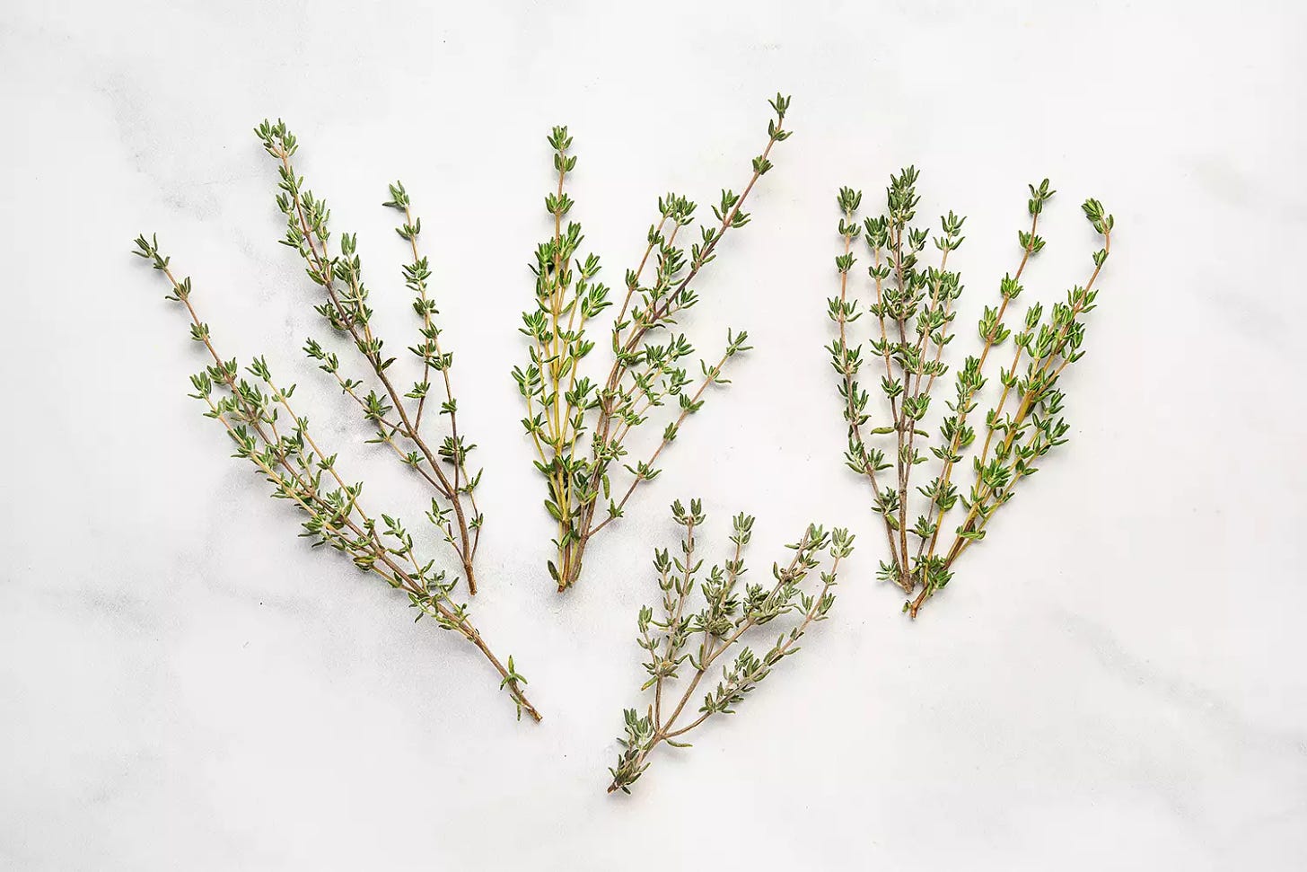 Fresh thyme sprigs on a marble surface