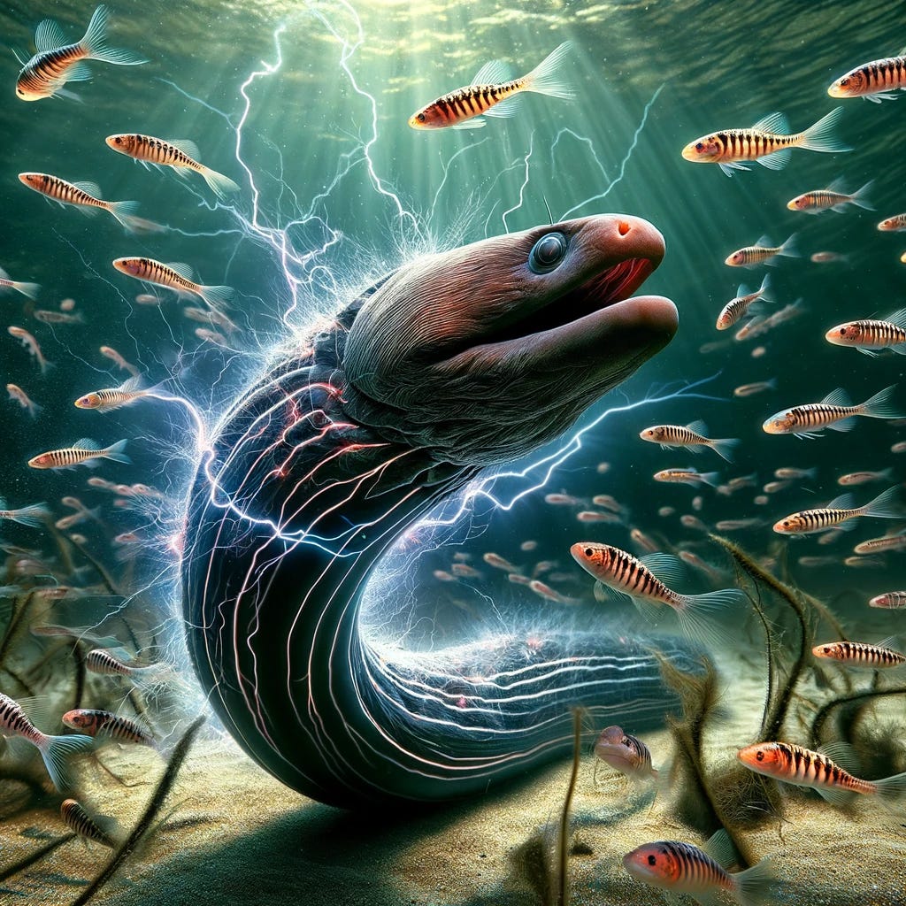 Electric eel emitting electrical discharges in a river, surrounded by zebrafish larvae, with a visible electrical field around the eel, underwater scene