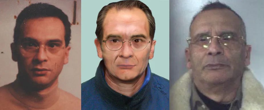 Matteo Messina Denaro: à esquerda, uma foto tirada quando ele tinha cerca de 30 anos; no centro está uma imagem com progressão de idade feita antes de sua prisão; à direita, uma foto de Denaro após sua prisão este ano.