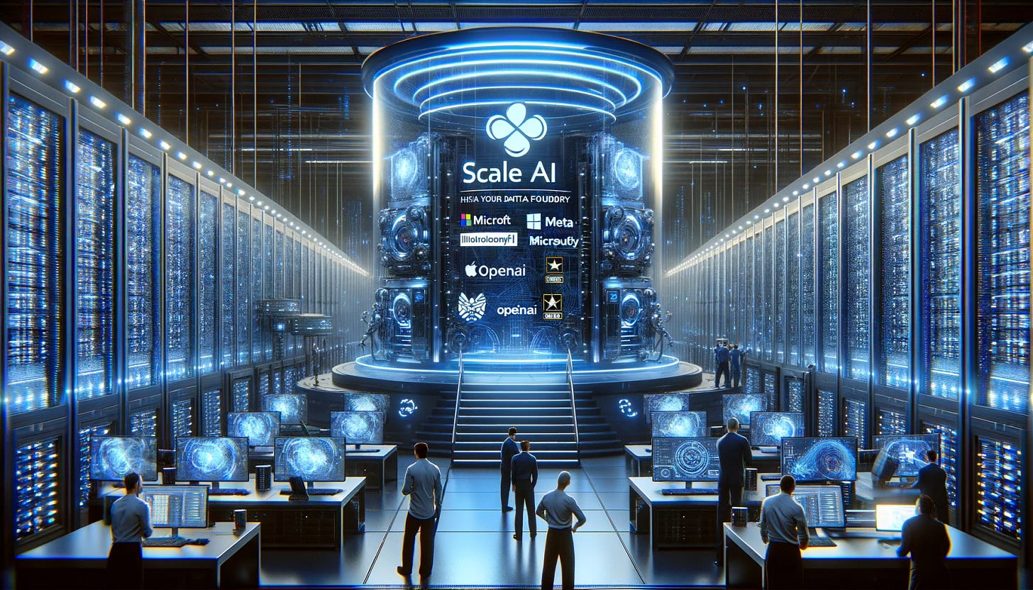 A highly advanced data foundry representing Scale AI's infrastructure. The foundry is filled with futuristic machines and servers processing enormous amounts of data. Engineers and AI specialists are seen collaborating, analyzing data streams on large holographic displays. The environment is illuminated by cool blue and white lights, emphasizing a high-tech and cutting-edge atmosphere. Prominent logos of trusted industry leaders like Meta, Microsoft, U.S. Army, OpenAI, and General Motors are subtly integrated into the scene, showcasing their partnership with the foundry. The background includes large data storage units and intricate network cables, symbolizing the immense data processing capacity.