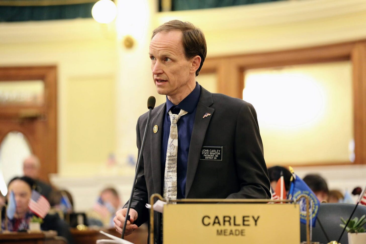 State Sen. John Carley, R-Piedmont, speaks in the South Dakota Senate on Feb. 3, 2025. (Seth Tupper/South Dakota Searchlight)