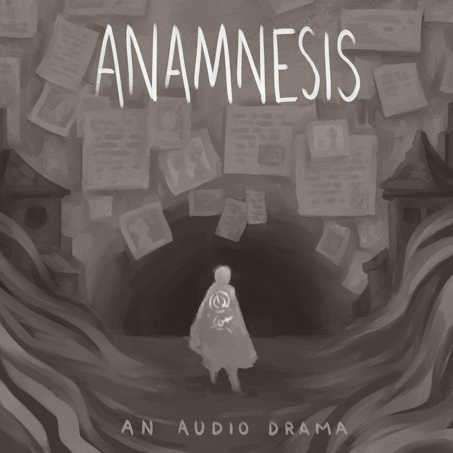The album art for the Anamnesis audio drama. It shows a figure standing with their back facing the viewer. There are glowing symbols in the back of their cloak. To the sides of them are buildings and in front of them is a wall of pictures and papers. The colors are the same shades of brown used for the cover art of Anamnesis.