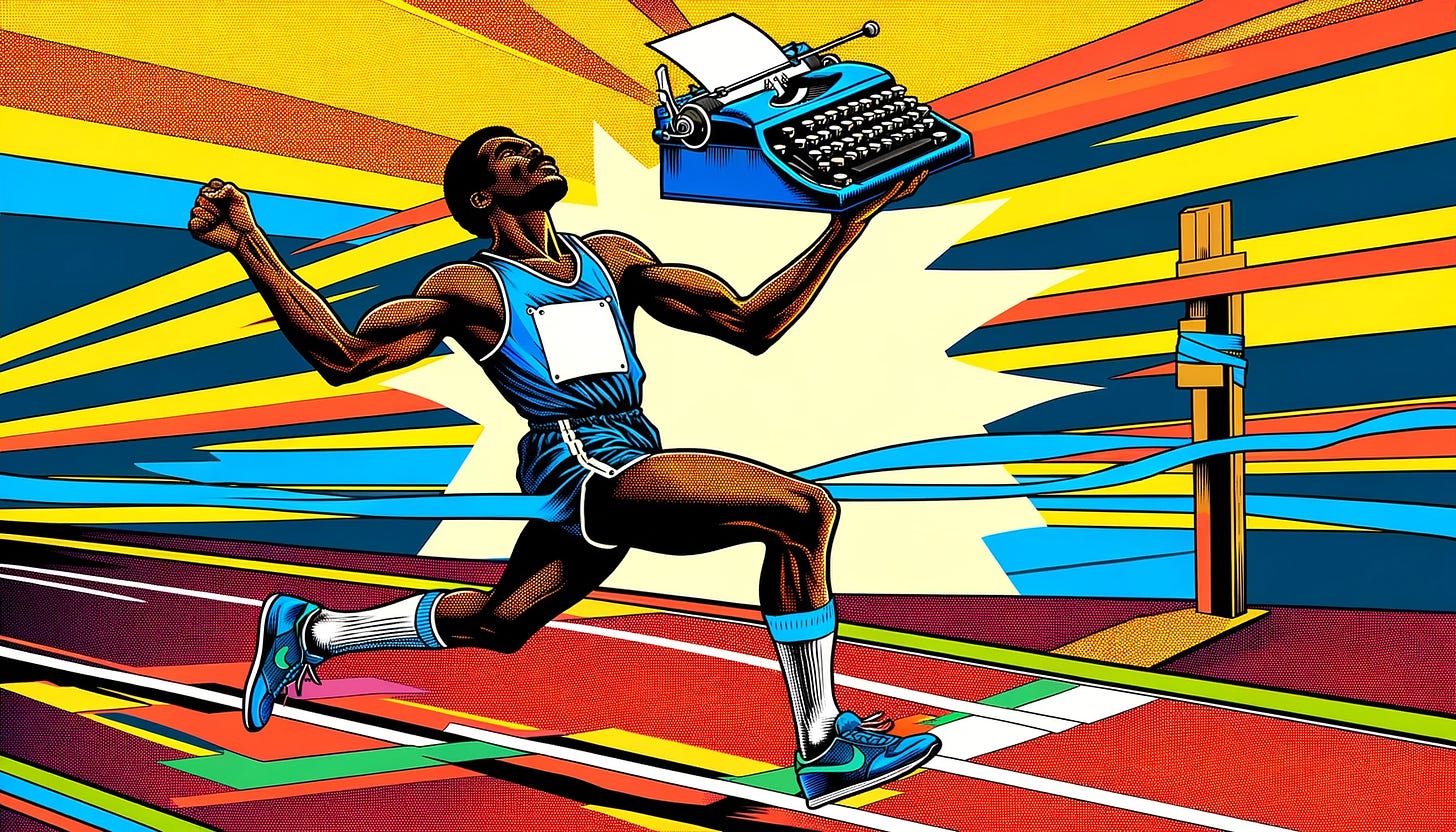 A pop art image of an African American writer crossing the finish line in a marathon, holding a typewriter in his hands, in a 16_9 aspect ratio.