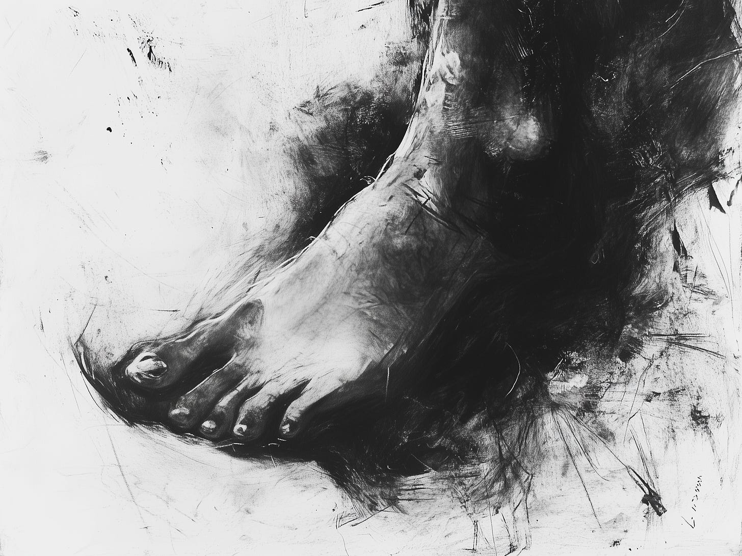 Charcoal image of a foot.