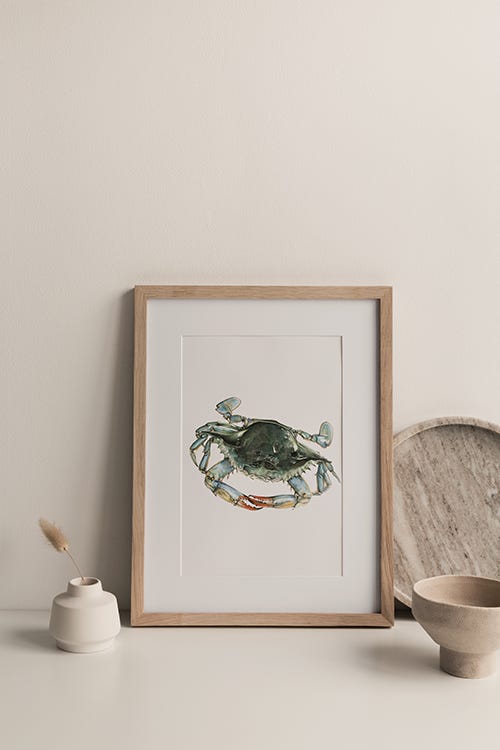Framed print of the painted blue crab sitting on a table