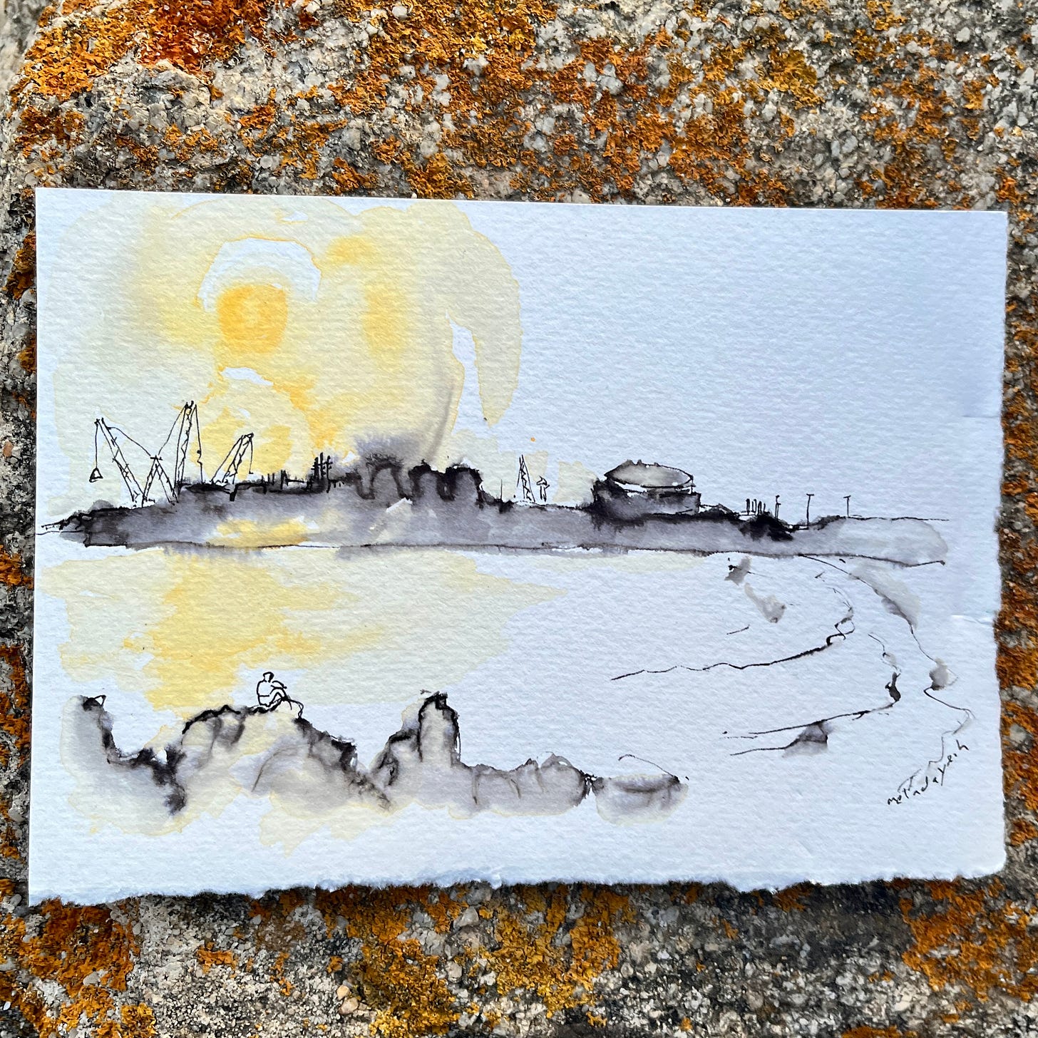 image: photo of an ink and wash watercolour sketch of sunset at Matoshinhos Beach.