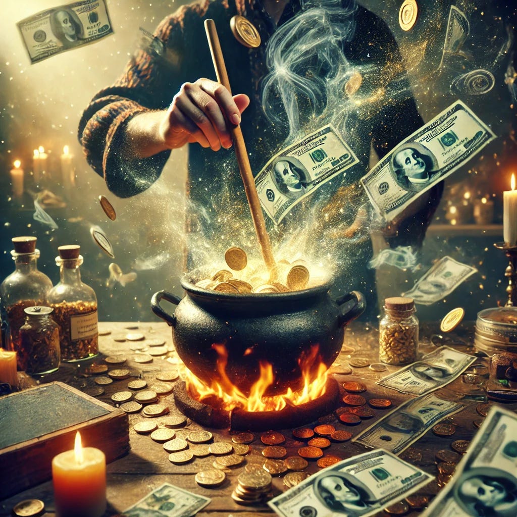 A magician stirring several ingredients in a large pot, creating money. The scene is shot with a Hasselblad h6d-400c lens, 28mm 2.8 wide open, giving a narrow depth-of-field and high contrast. The magician is surrounded by swirling magical elements, and the focus is on the pot where gold coins and paper bills emerge from the mix of magical ingredients. The scene is vibrant with a touch of mystery and enchantment, with a blurred background emphasizing the focus on the magical process.