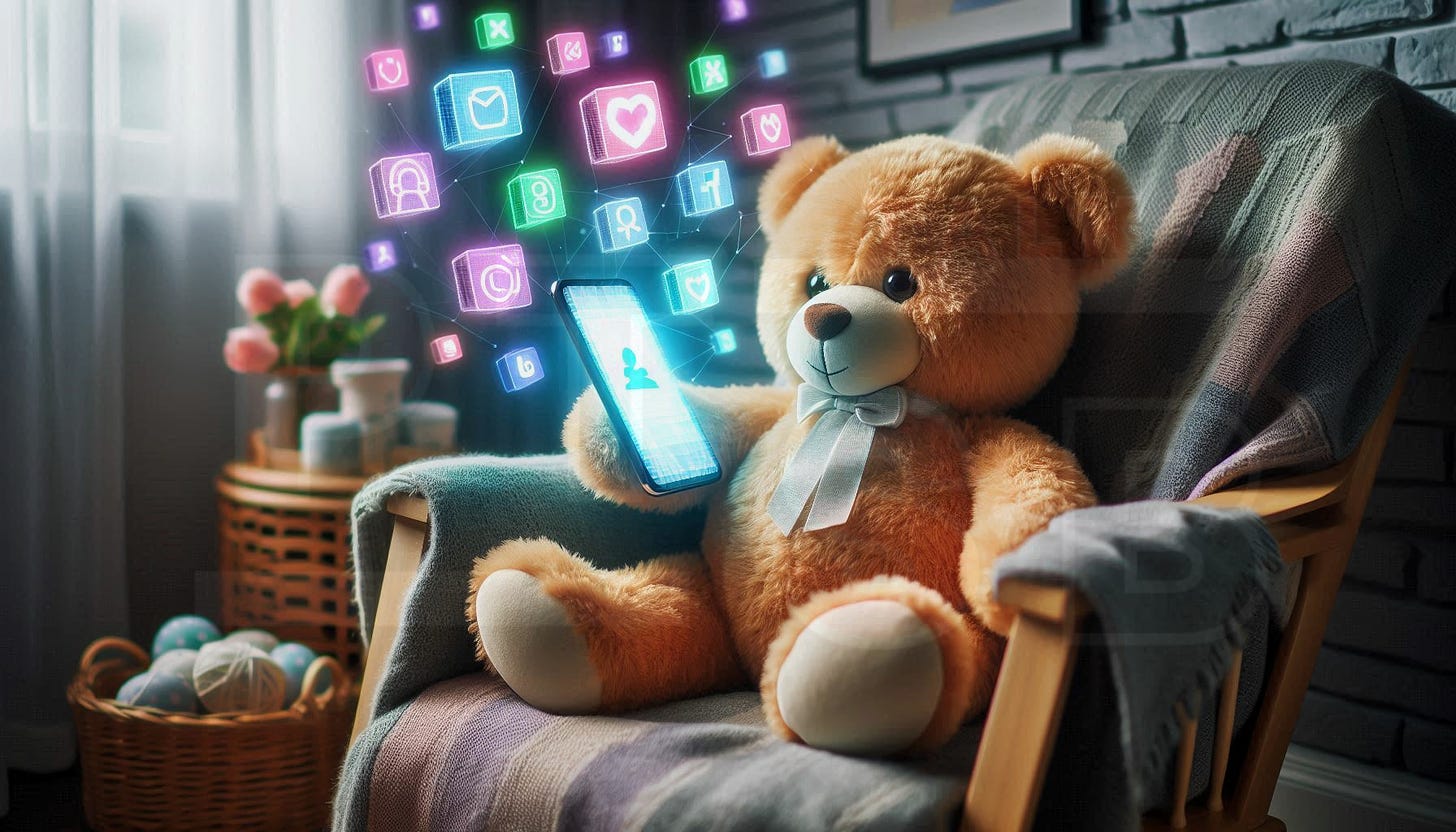 Cozy nursery scene with a stuffed teddy bear holding a phone while sitting in a rocking chair. The phone shows colorful holographic icons of social media apps in a fun pixel art style.