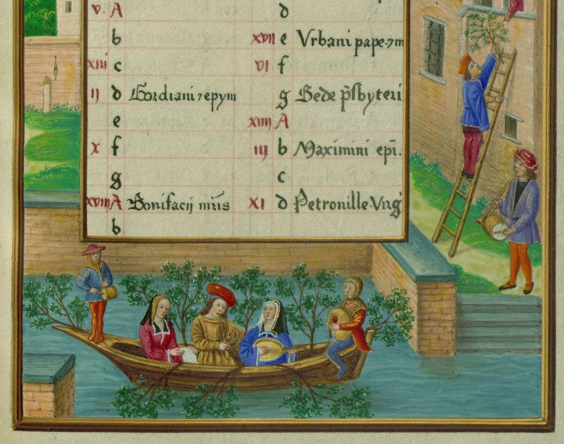 Page of a medieval manuscript, displaying a numbered list and artwork of a canal, a rowboat with several passengers, and minstrels.