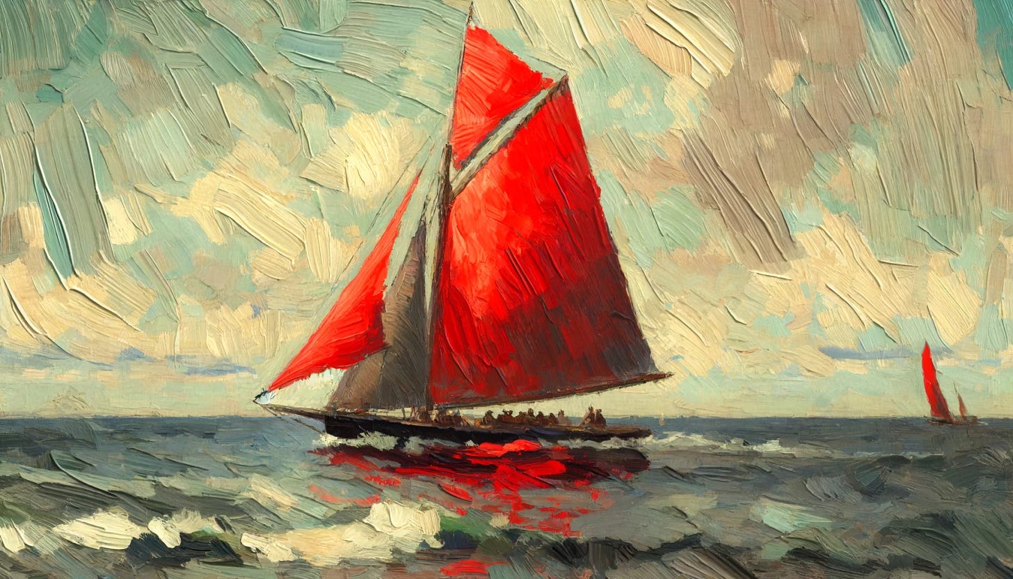 Create a 16:10 impressionist painting with thick oil textures, featuring a single sailboat with bright red sails. The background, including the sea and sky, should be in muted, bland colors without any red tones, providing a stark contrast to the red sails of the boat.