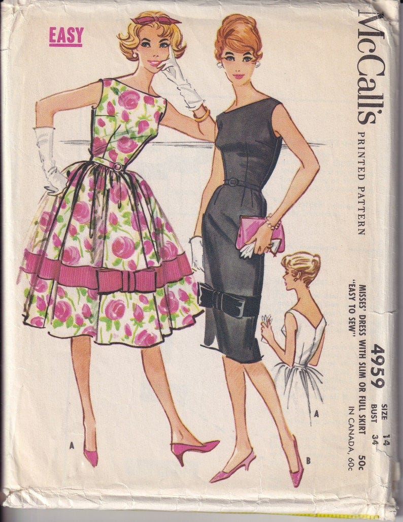 Vintage 1959 McCall's 4959 Sewing Pattern Misses' Dress with Slim or Full Skirt Size 14 Bust 34 image 1