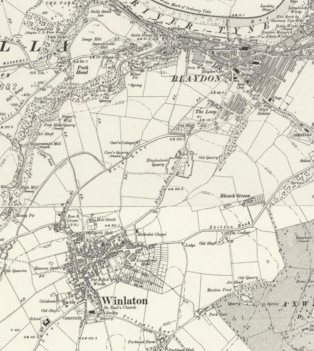 Map showing Winlaton, Blaydon, Blaydon Bank, Cuthbert Street and Commercial Hotel