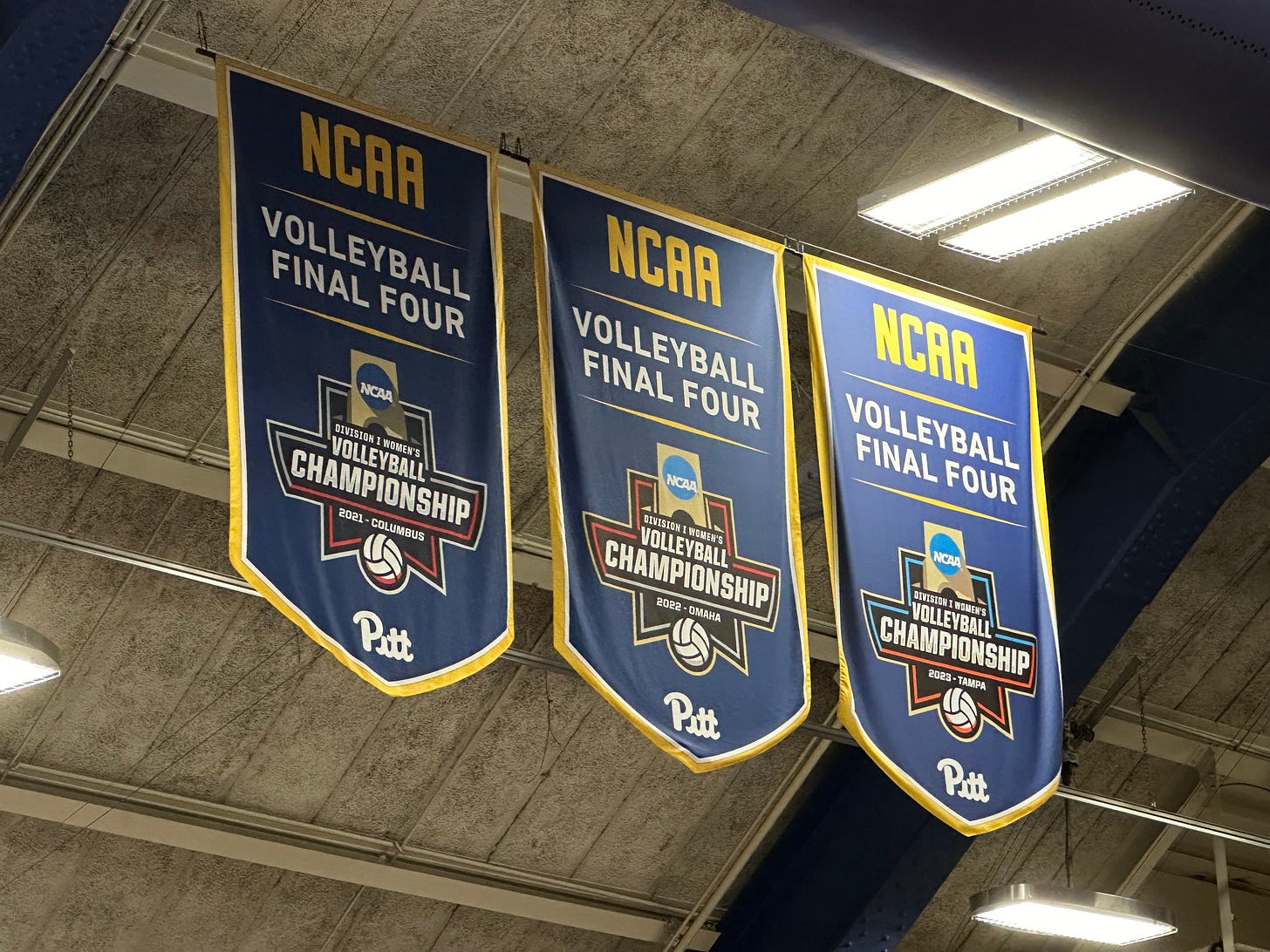 A photograph of Pitt's three Volleyball Final Four banners in the rafters of the Fitzgerald Field House