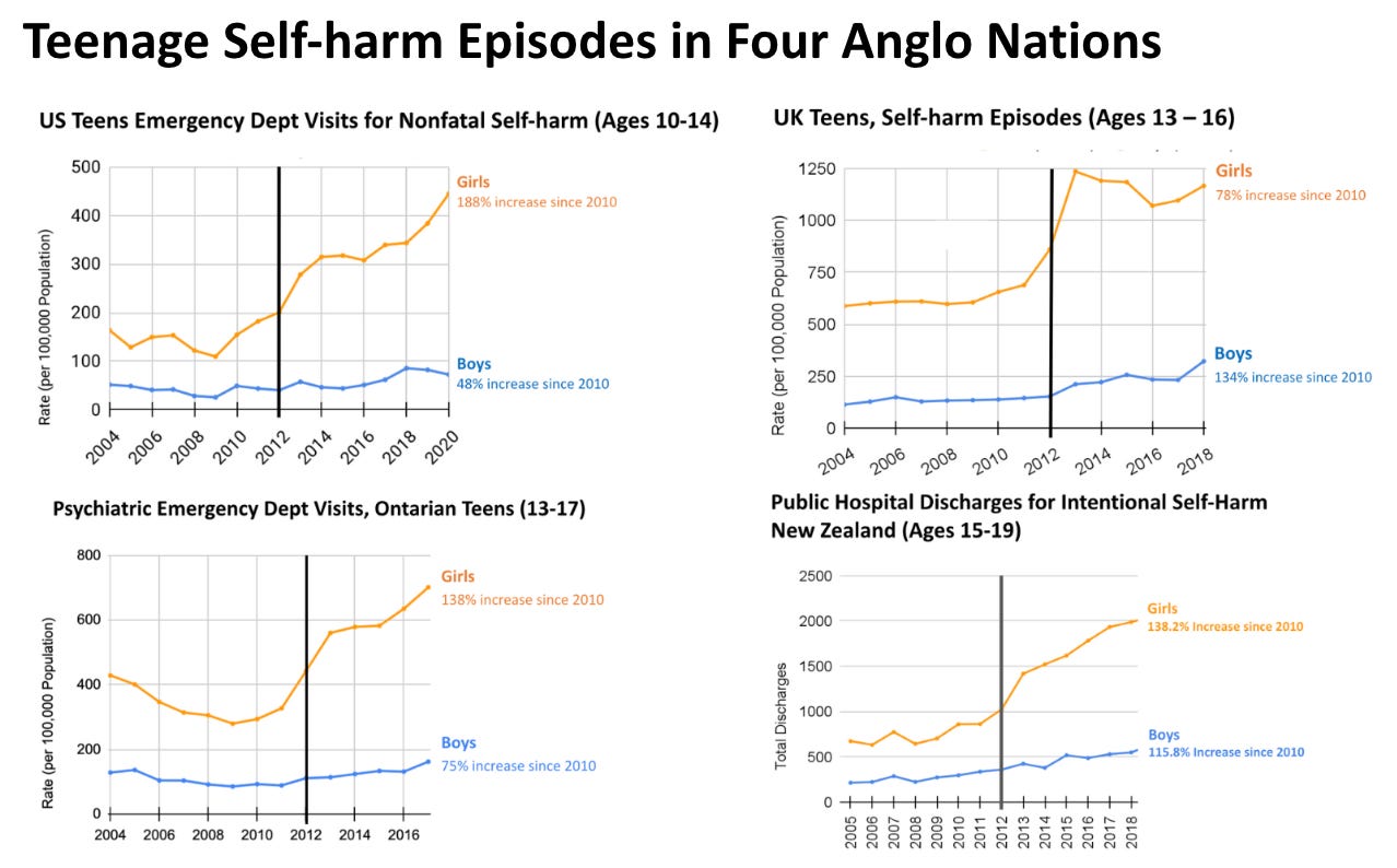 Rising rates of teenage self harm in the USA, UK, New Zealand, and Ontario Canada
