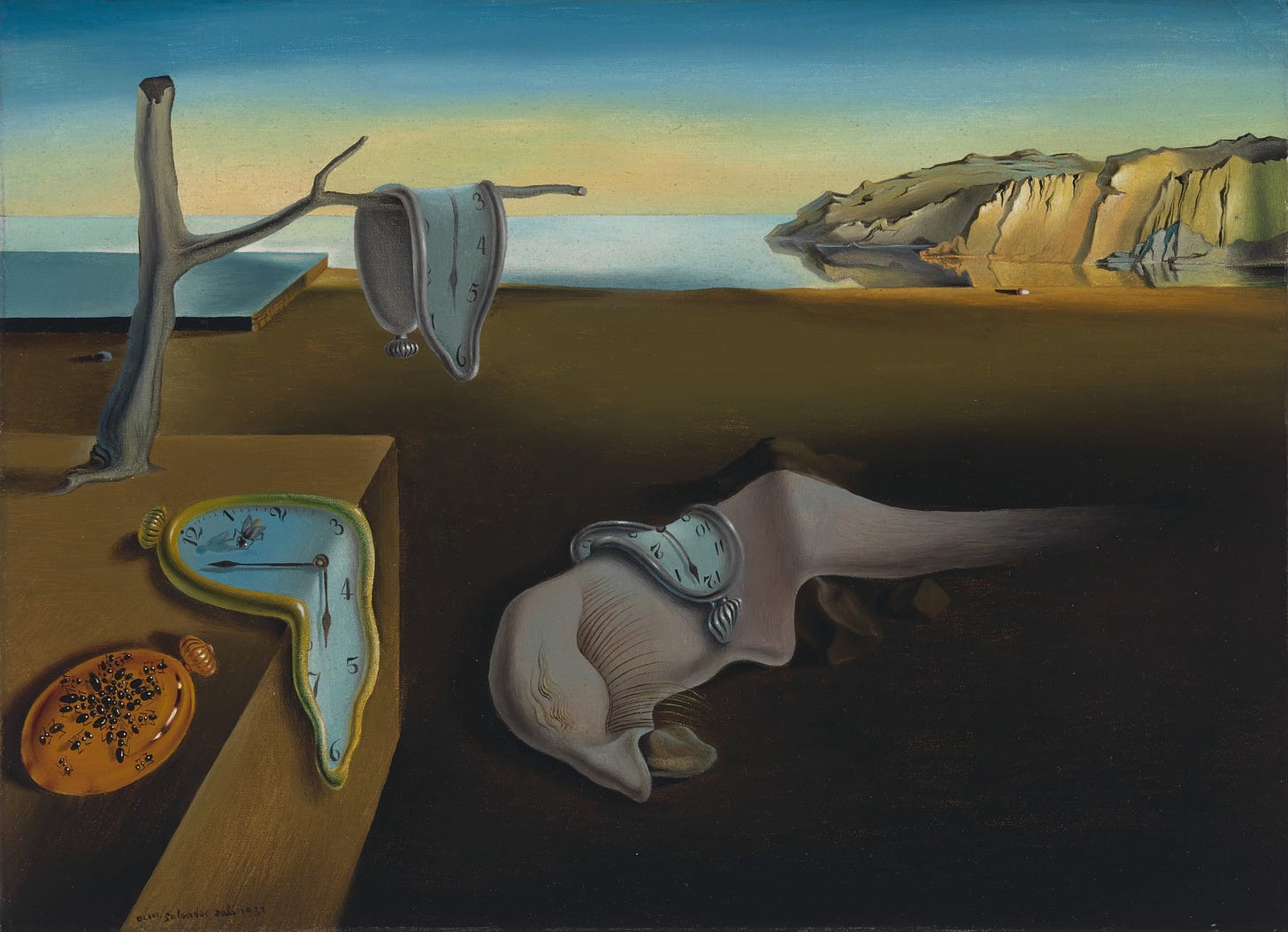 Salvador Dalí's artwork called "The Persistence of Memory" from 1931. Clocks strewn across a landscape.