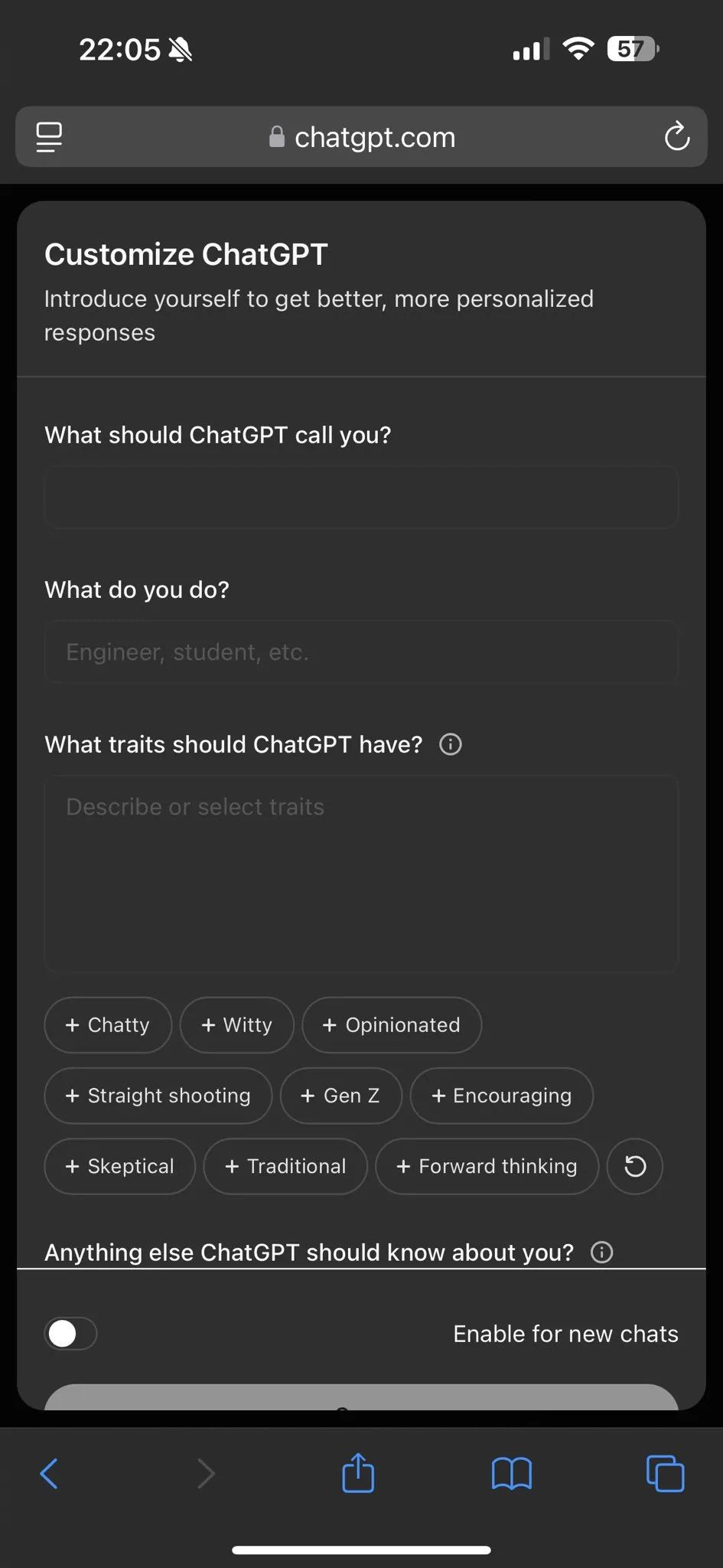 A mobile screenshot of the updated ChatGPT Custom Instructions interface. The menu includes sections to input your preferred name, profession, and desired traits for ChatGPT (e.g., "chatty," "skeptical," "encouraging"). Below, there’s a toggle to enable these settings for new chats and an optional field to add additional details.