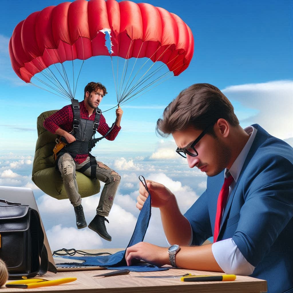 un autónomo ya en el aire con un paracaídas estropeado y alguien le intenta poner un parche