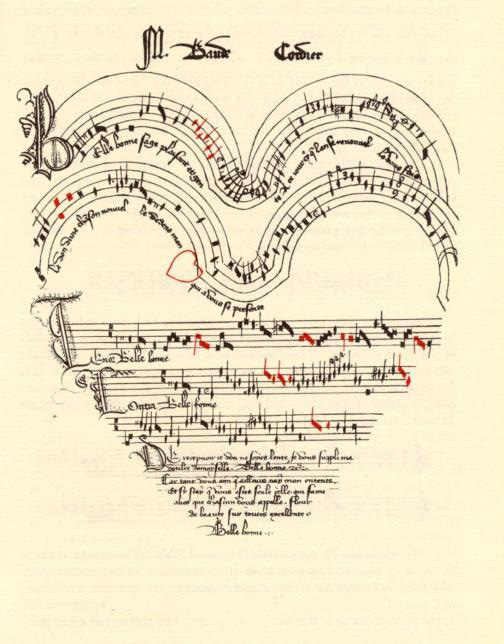 A yellowing piece of manuscript paper with a medieval illuminated musical score in the shape of a heart. The notes are in both black and a bright, decorative red.