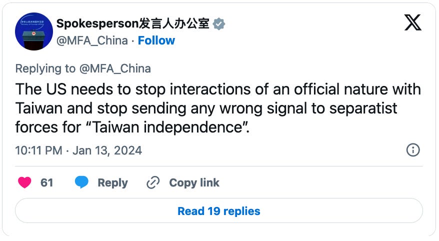 January 13, 2024 tweet from China's Ministry of Foreign Affairs reading, "The US needs to stop interactions of an official nature with Taiwan and stop sending any wrong signal to separatist forces for 'Taiwan independence'.".
