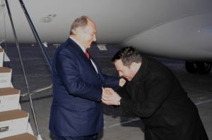 Jason Kenny, Minister with the Government of Canada, greets Imam Shah Karim al-Husayni upon his arrival in Canada on December 5, 2008. Jason Kenny, Minister with the Government of Canada, greets Imam Shah Karim al-Husayni upon his arrival in Canada on December 5, 2008.