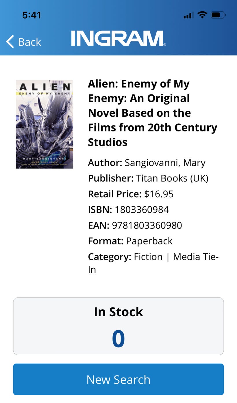Screen shot showing the distributor has zero copies in stock.
