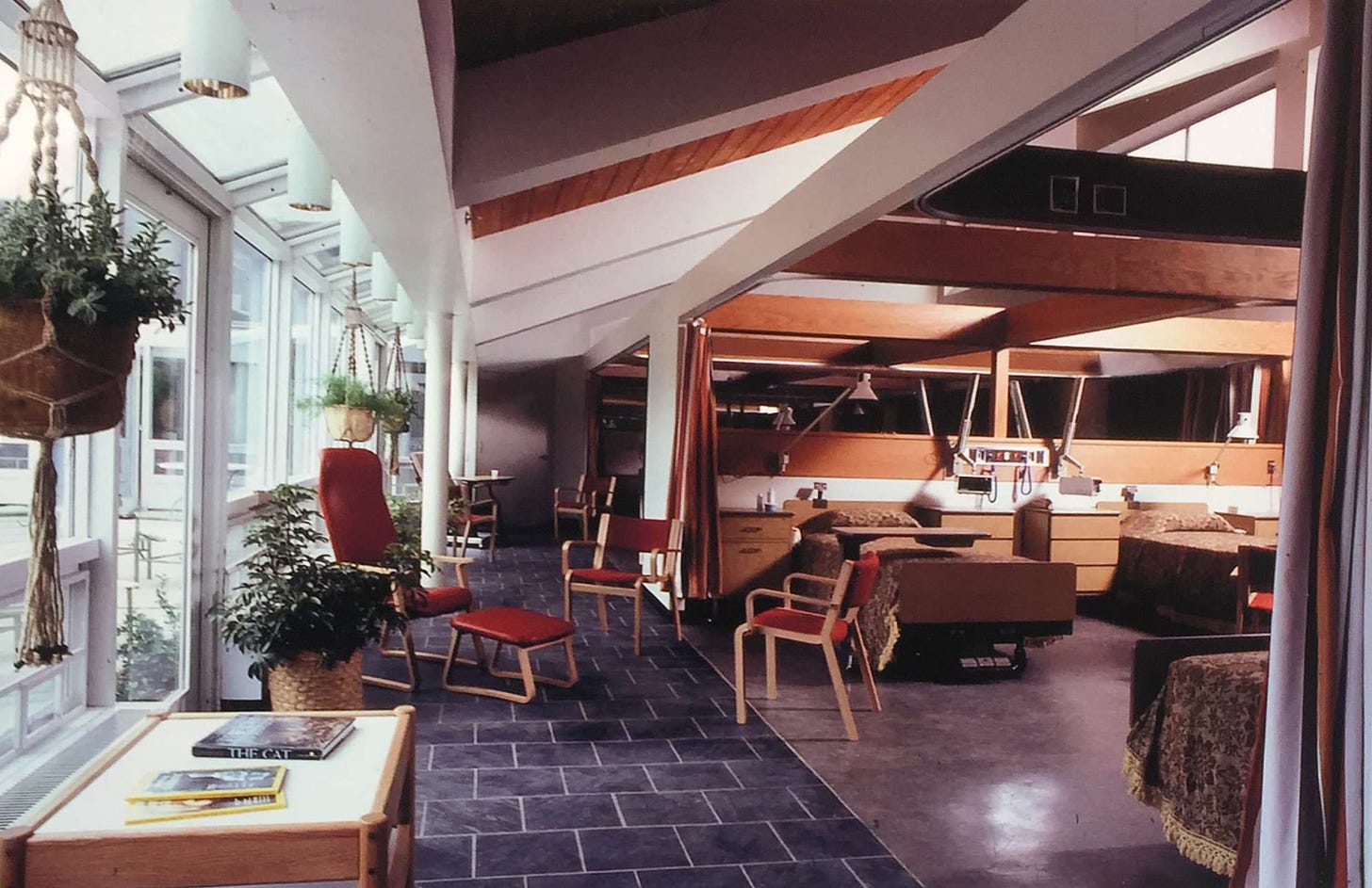 View of a four-patient bedroom from the greenhouse hallway, ca. 1980.