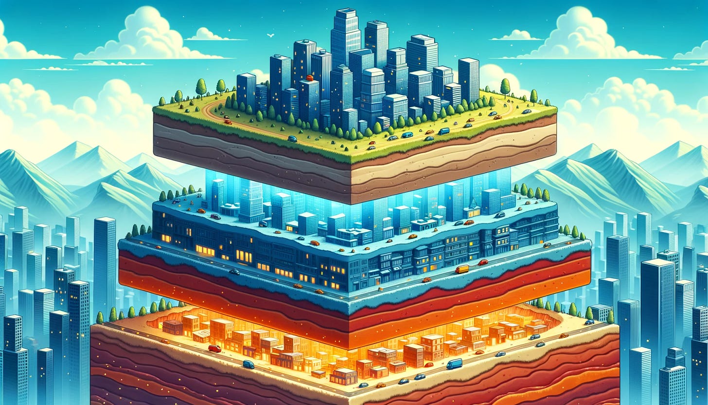 Illustration where the focus is on three consecutive layers or plateaus, each visually distinct from the other. Perched atop the third and highest plateau, a sprawling metropolis stands with tall buildings and busy streets, symbolizing human achievement.