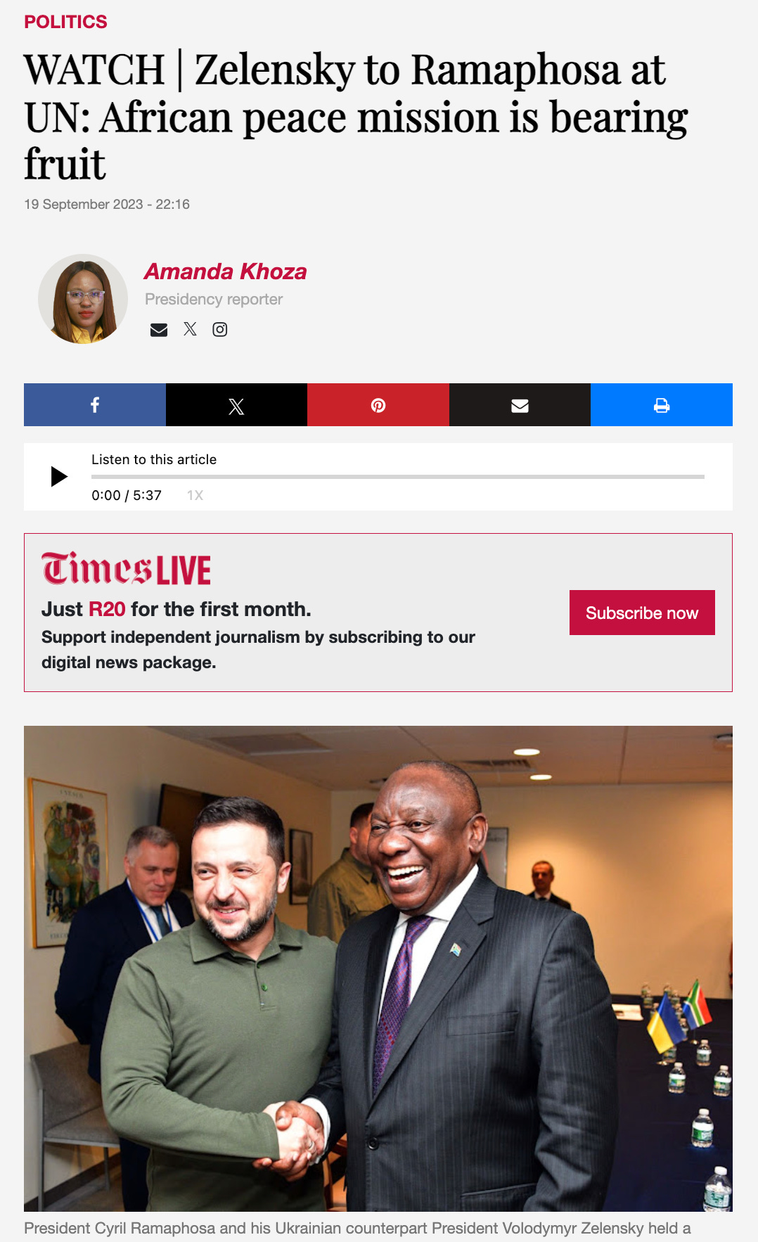 Another of the fake report's clips comes from Zelenskiy's September 2023 meeting with Ramaphosa. (YouTube/AAP)
